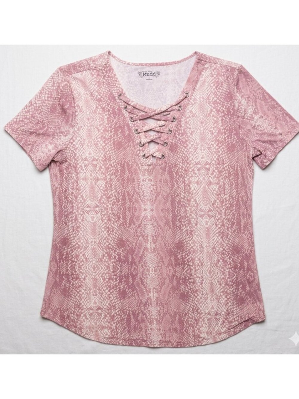 Mudd Pink Snake Print Lace-Up V-Neck Short Sleeve Top Womens Size L